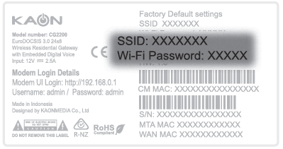 Cable Gateway Pro CG2200 barcode sticker example - WiFi details