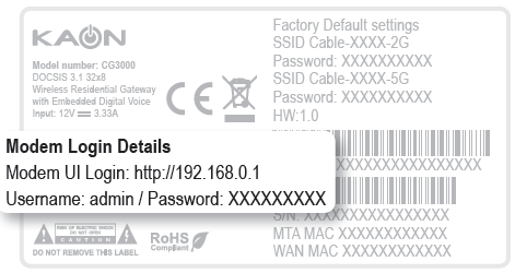 Cable Gateway Pro CG3000 barcode sticker - Login details