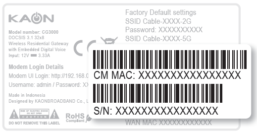 Cable Gateway Pro CG3000 barcode sticker - MAC and S/N