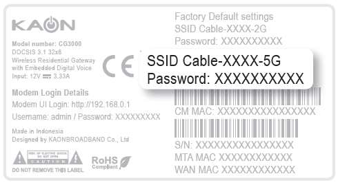 Cable Gateway Pro CG3000 barcode sticker - WiFi details