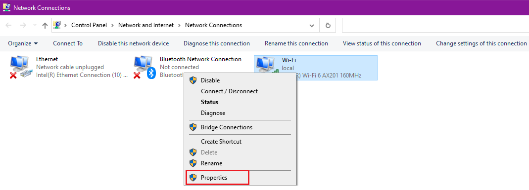 Win10 - Active Network Connection Properties