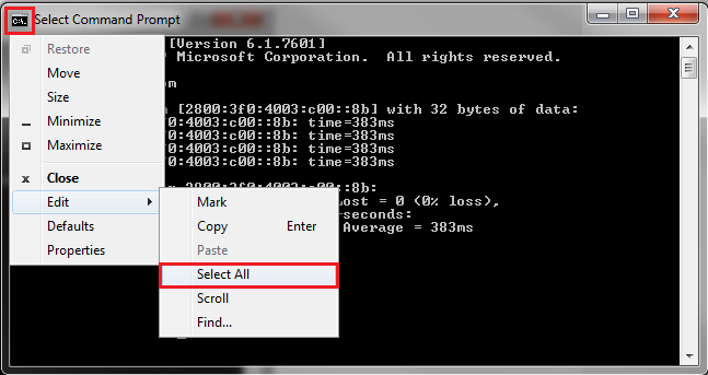 Select All in Command prompt example